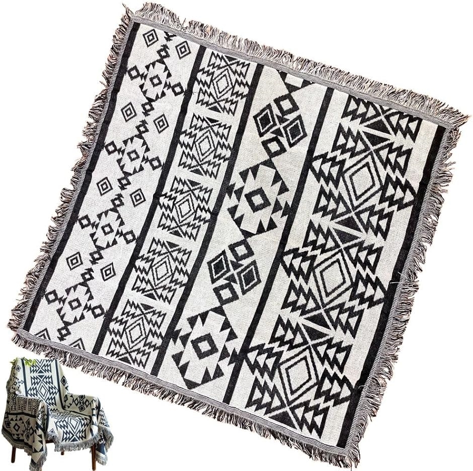 テーブルクロス アウトドア キャンプ ラグ マット ブランケット ひざ掛け おしゃれ コンパクト 民族柄(モノクロ,  90x90)
