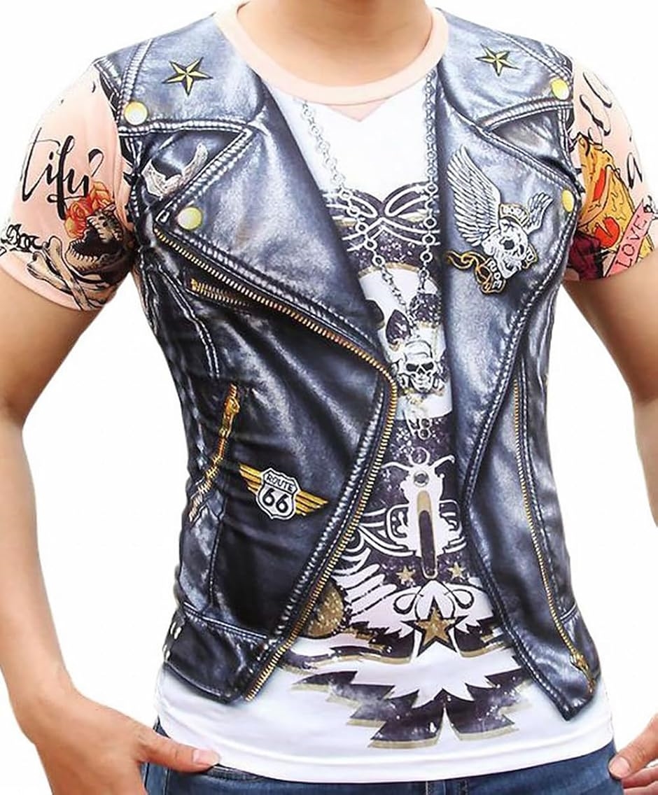 刺青 タトゥー アウトロー Tシャツ 筋肉 マッチョ メンズ おもしろ リアル フェイク デザイン プリント(マルチカラー,  XL)