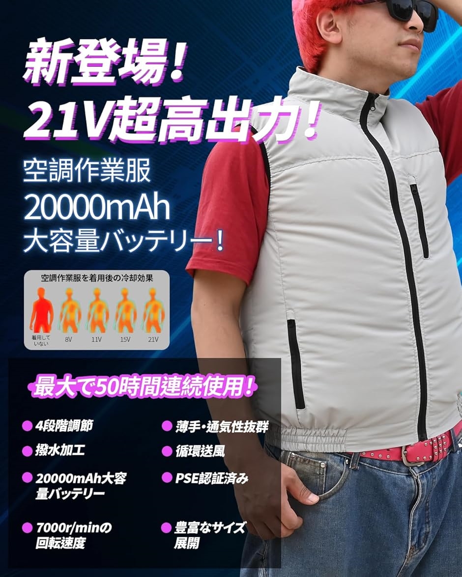 空調作業服 ベスト大容量20 000mAh／超強出力21V ファン
