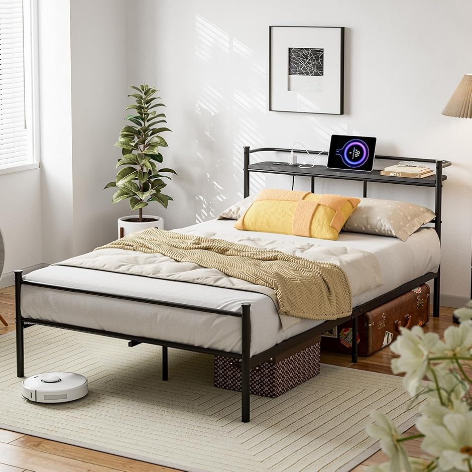 ベッドフレーム パイプベッド 2口コンセント＆USB充電付き セミダブル