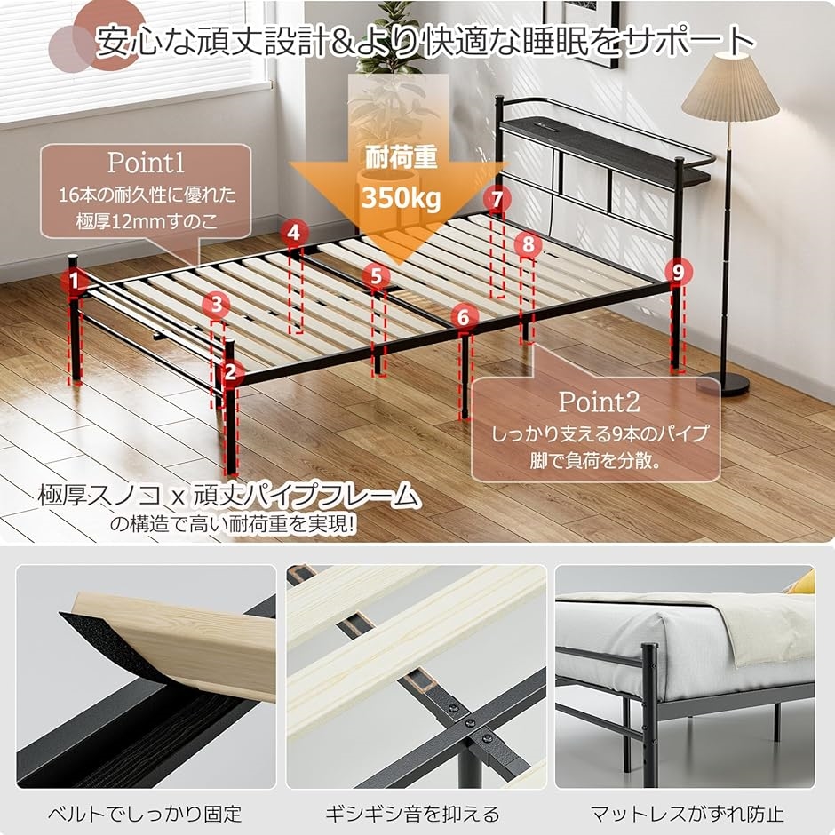ベッドフレーム パイプベッド 2口コンセント＆USB充電付き セミダブル