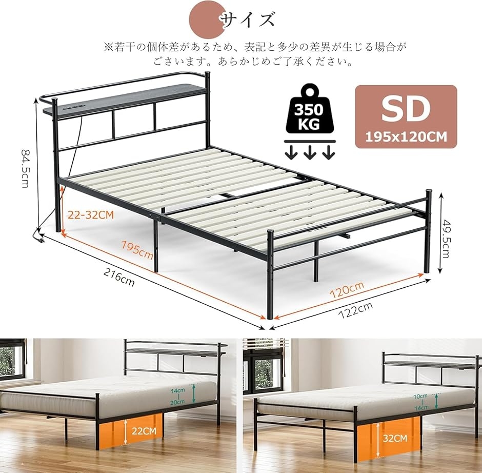 ベッドフレーム パイプベッド 2口コンセント＆USB充電付き セミダブル