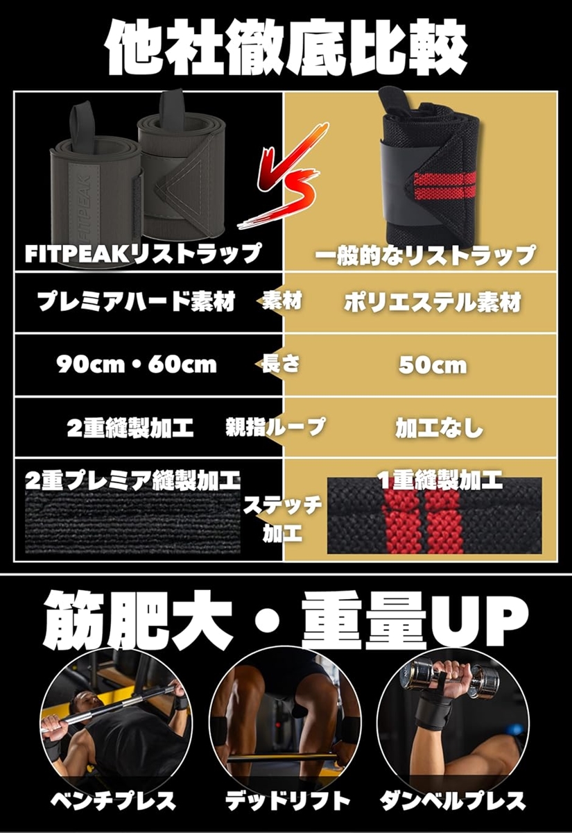 リストラップ 筋トレ独自開発の極硬生地で手首サポートウェイトトレーニング サポーター ベンチプレス(イエロー,  90cm) | ブランド登録なし | 02