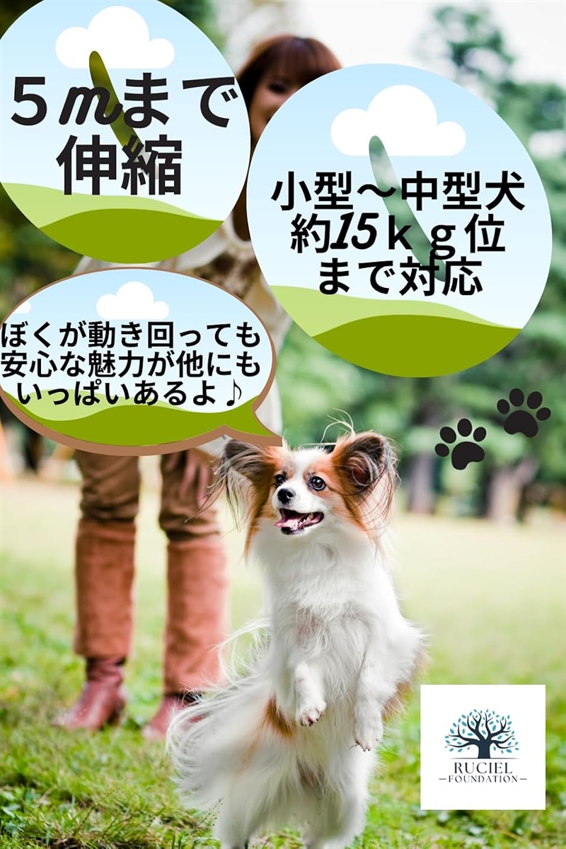 犬用リード 伸縮リード 5m 巻き取り式 ドッグリード 自動巻き取り式 荷重15kg 小・中型犬対応 お出かけ 滑り止め (グリーン) | ブランド登録なし | 01