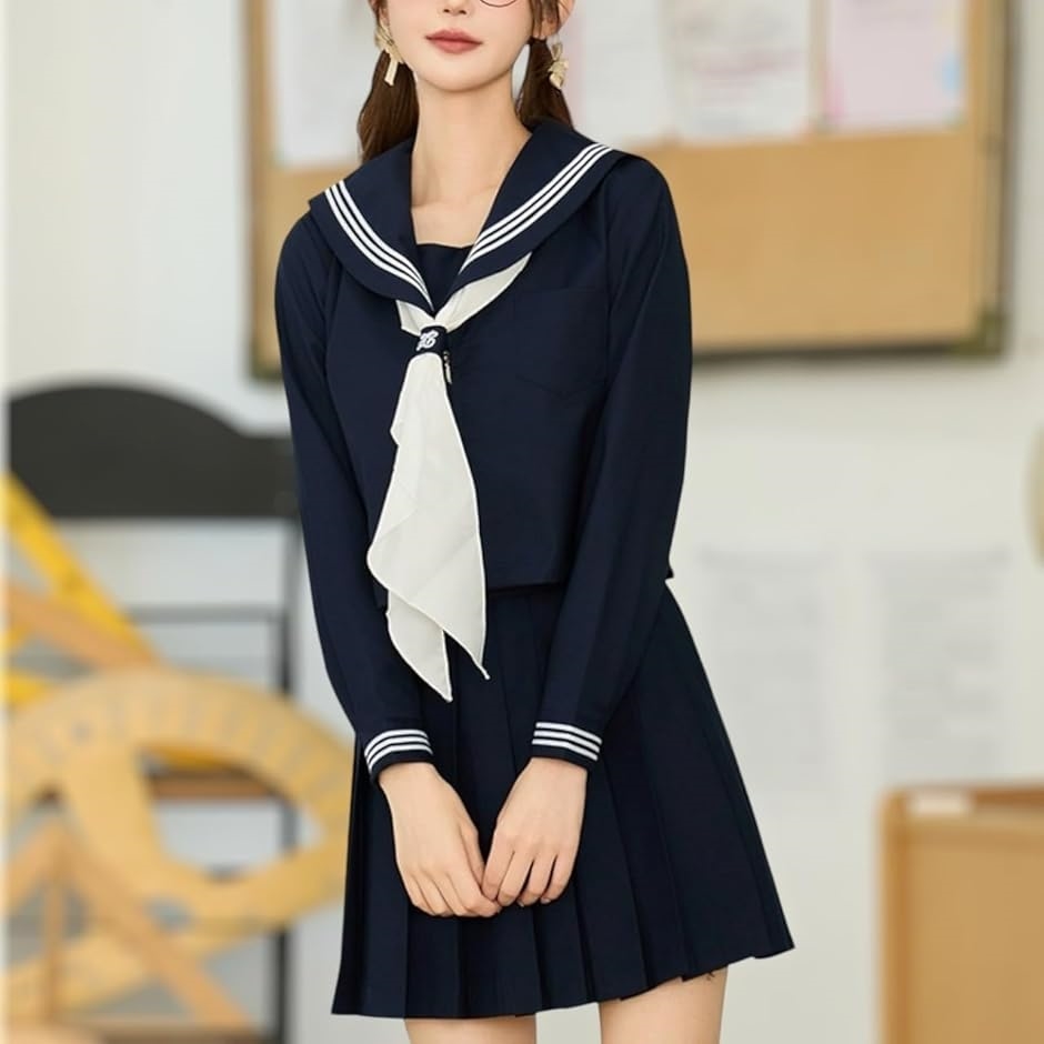 セーラー服 長袖 紺色 茶色 コーヒー 白 3本ライン 学生服 前開き