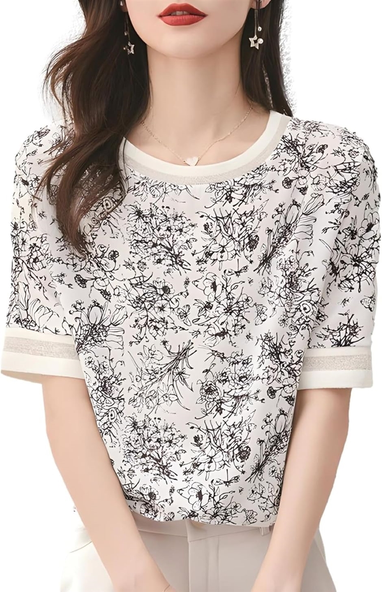 ボタニカル柄Tシャツ 五分袖 シフォンブラウス 花柄 リブ袖 モノトーン オフィスカジュアル レディース JS83(2XL)