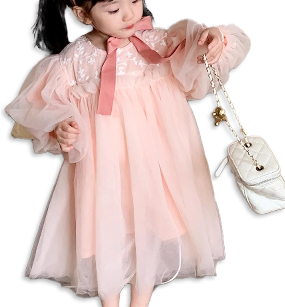 チュール レース ワンピース キッズ バルーン 袖 ベビー ドレス 子供 結婚式 誕生日 卒園式 発表会 入学式(ピンク, 110)
