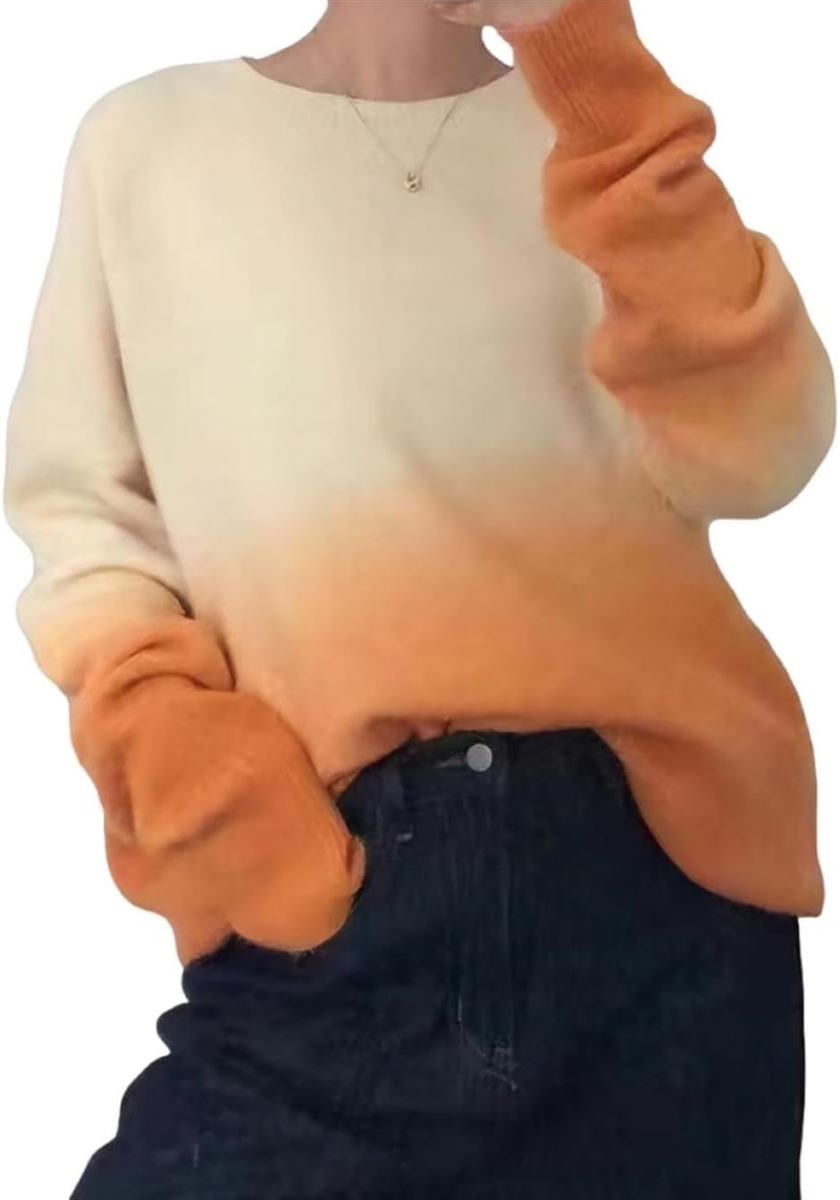 ニットトップス グラデーション セーター BB065(オレンジ,  2XL)