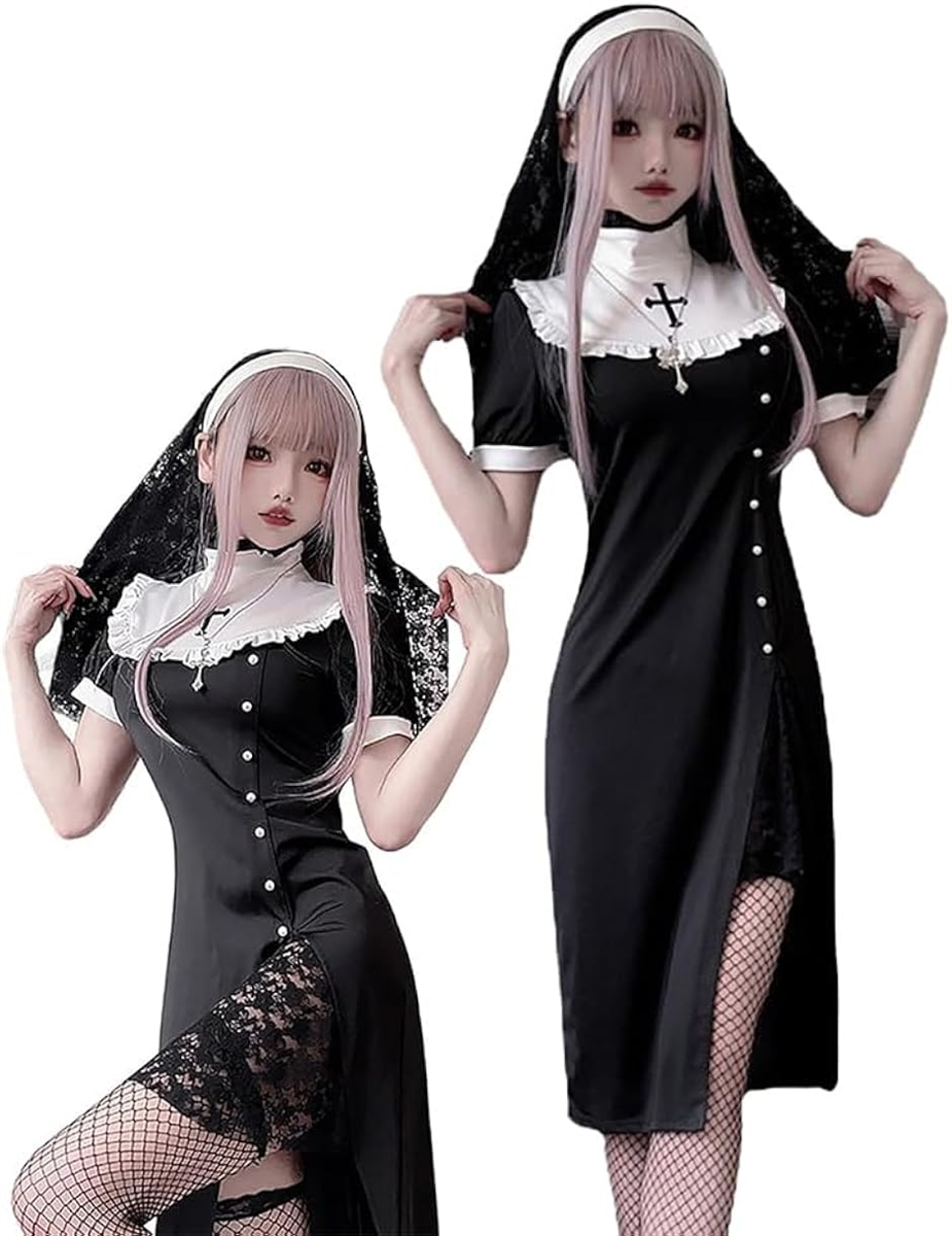 セクシー 修道女 コスチューム ハロウィン 衣装 仮装 シスター コスプレ 3点セット (ブラック, M)