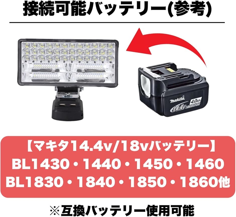 互換品 互換 Makita用 LED ワークライト バッテリー駆動式 マキタ用
