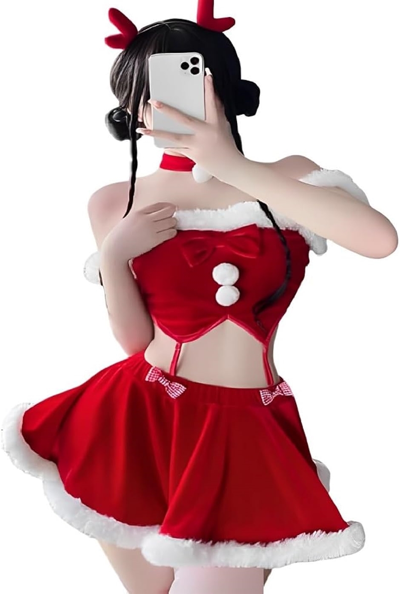 サンタ コスプレ セクシー レディース 仮装 衣装 6点 セット クリスマス トナカイ(レッド,  Free Size)