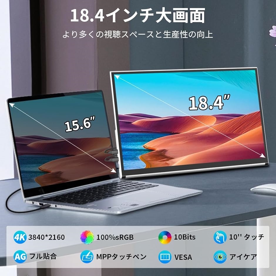 モバイルモニター 4K 18.4インチ大画面 タッチパネル対応 10Bit