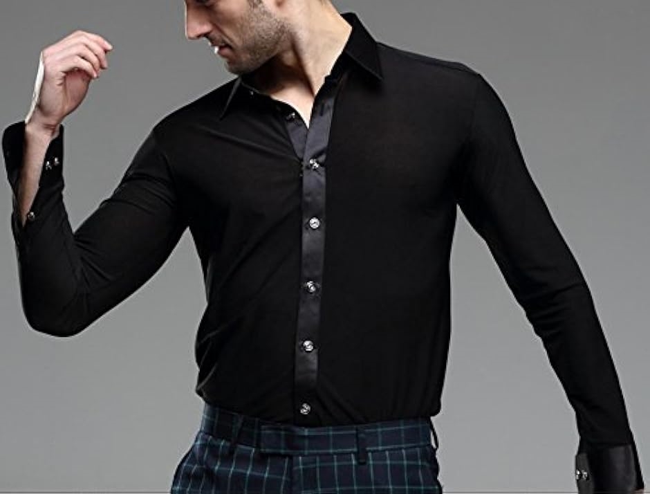 社交ダンス用シャツ 長袖 光沢 ストレッチ メンズ(ブラック, XL