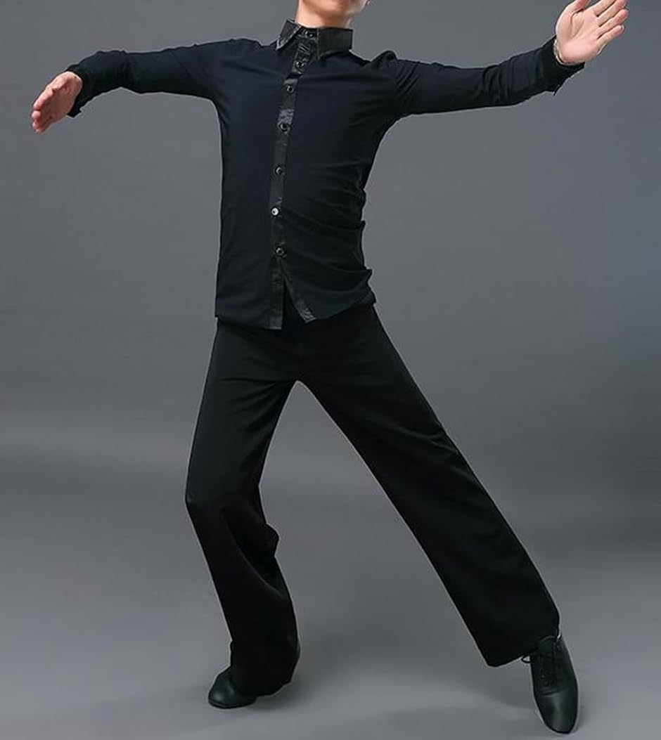 黒 長袖シャツ 社交ダンス用 社交ダンス用シャツ 長袖 光沢 ストレッチ メンズ(ブラック, XL