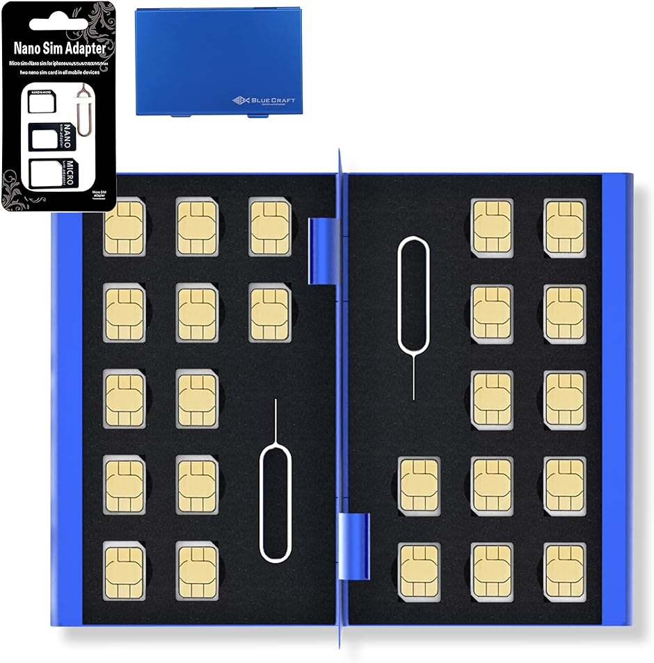 BLUECRAFT nanoSIMカード ケース アルミ両面タイプ 24枚収納SIM変換アダプタ・取出ピン付属 静電対応 MDM( ブルー)