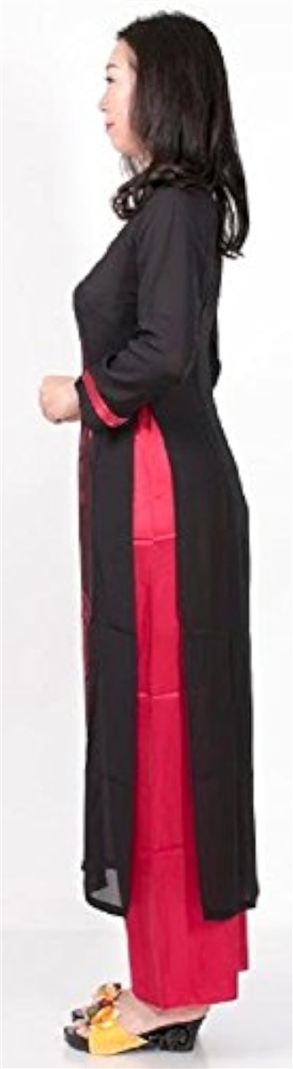 アオザイ ベトナム 民族 衣装 襟付き 長袖 レディース 黒 ＸＸＸＸＸＬ