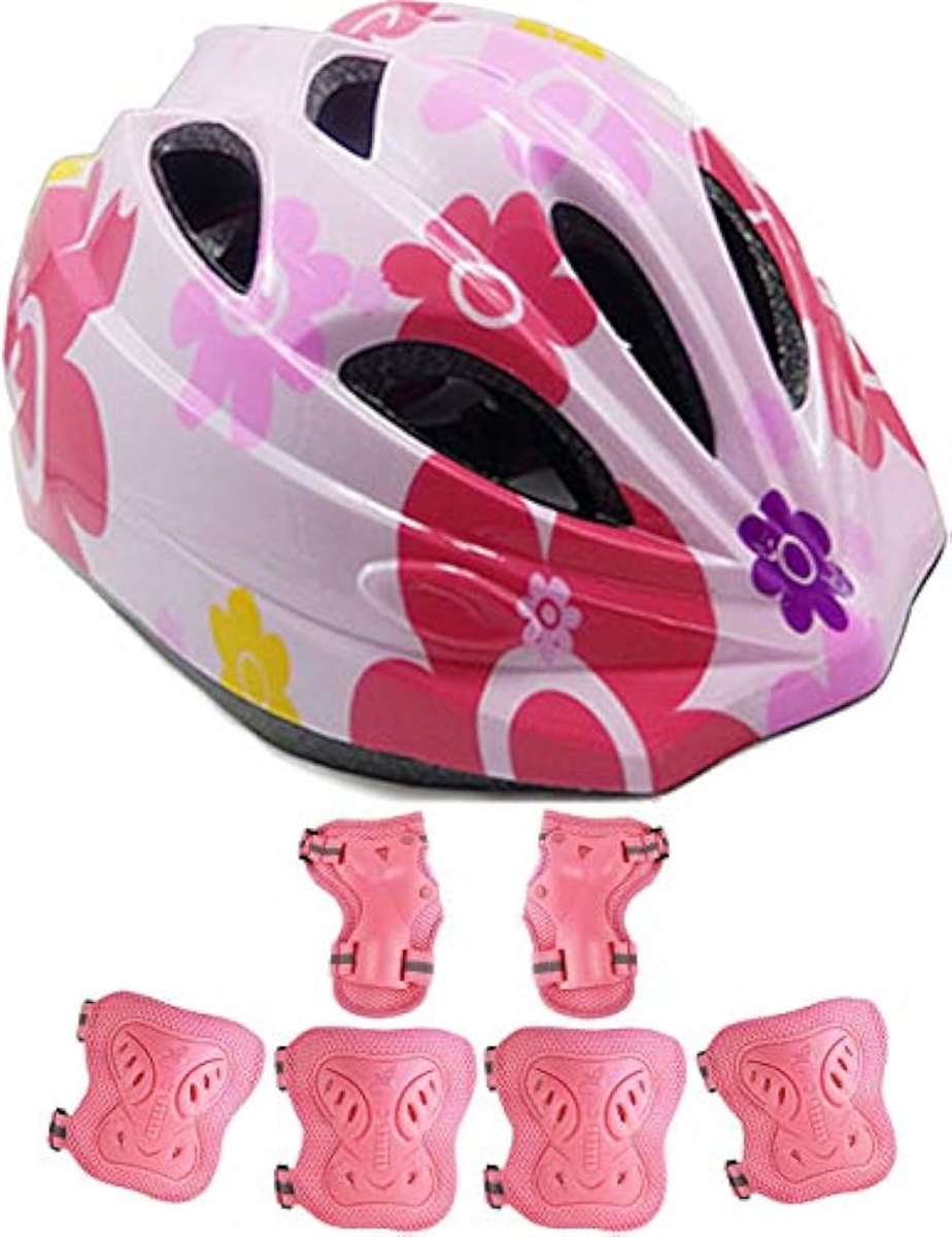 子供用 ヘルメット 自転車 こども キッズ 肘 膝 手首 プロテクター セット 調整可能 軽量( ピンクの花（Sサイズ）,  Sサイズ)｜horikku