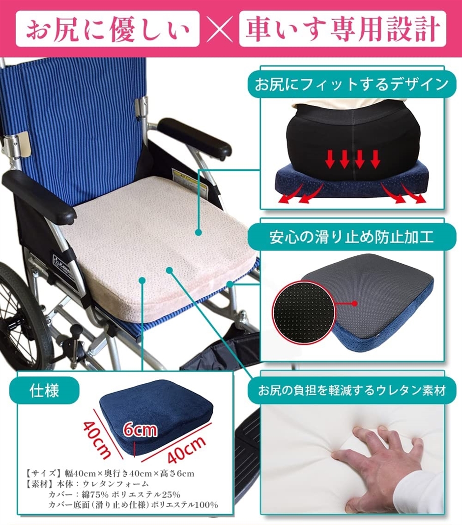 【Yahoo!ランキング1位入賞】車椅子用 低反発 クッション 立体成型 車いす 座布団 選べる カラー( ネイビー)｜horikku｜04