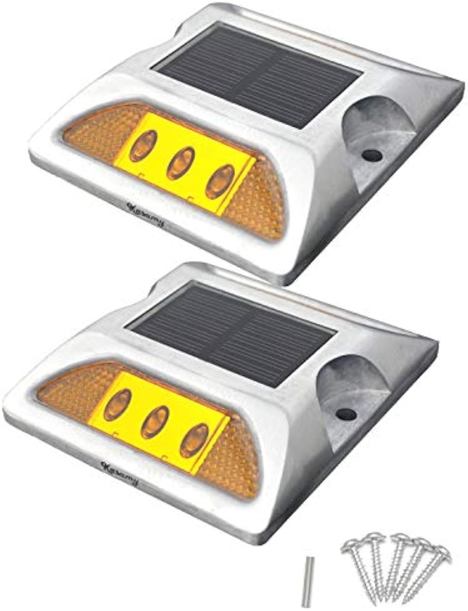 6 LED 道路 鋲 路肩 標 誘導 灯 ソーラー 充電 式 セット 黄 点滅 2個 +( 32. 6LED 黄 2個 ビス セット)｜horikku