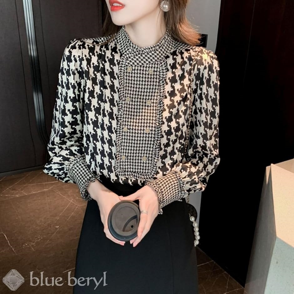 ブラウス レディース 千鳥格子柄 長袖 パフスリーブ 装飾ボタン モノトーン BB024-BK-XL(ブラック,  XL) ブラウス レディース 千鳥格子柄 長袖 パフスリーブ 装飾ボタン