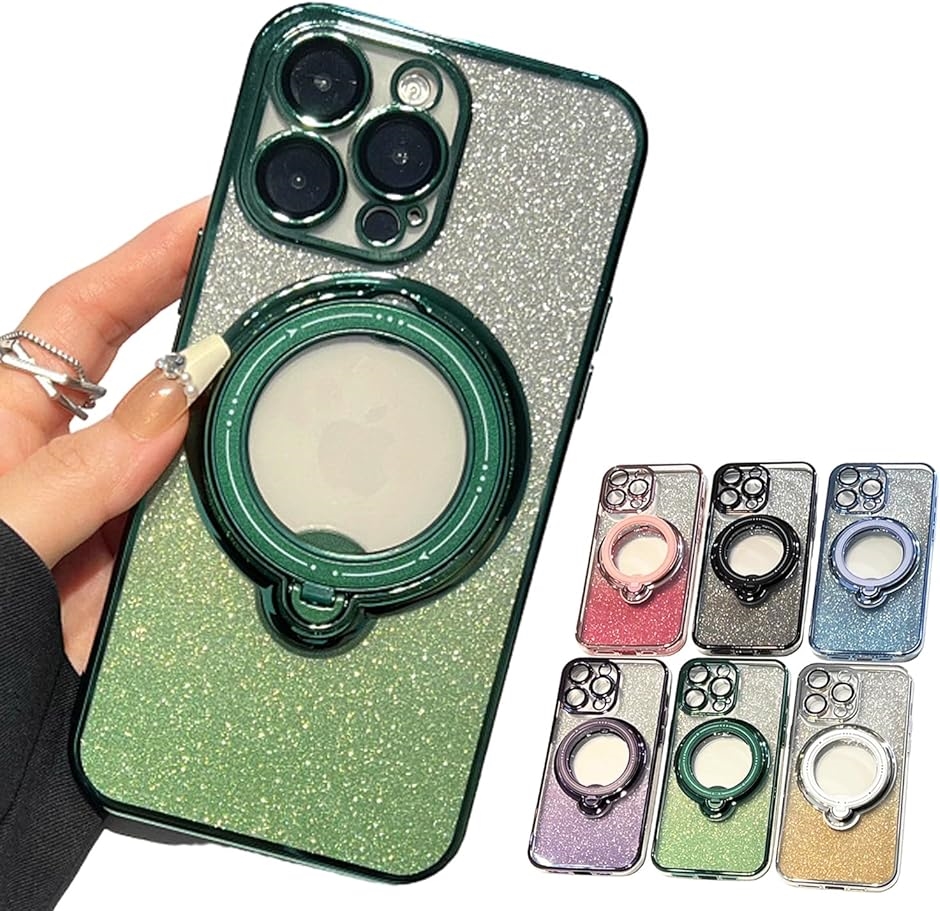 iphone15 ケース クリア カバー リング バンカーリング スマホスタンド 透明( グリーン,  iPhone15ProMax)｜horikku