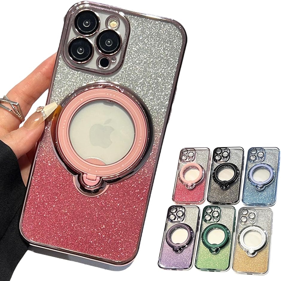 iphoneケース クリア カバー リング バンカーリング スマホスタンド 透明 ラメ( ピンク,  iPhone15ProMax)｜horikku
