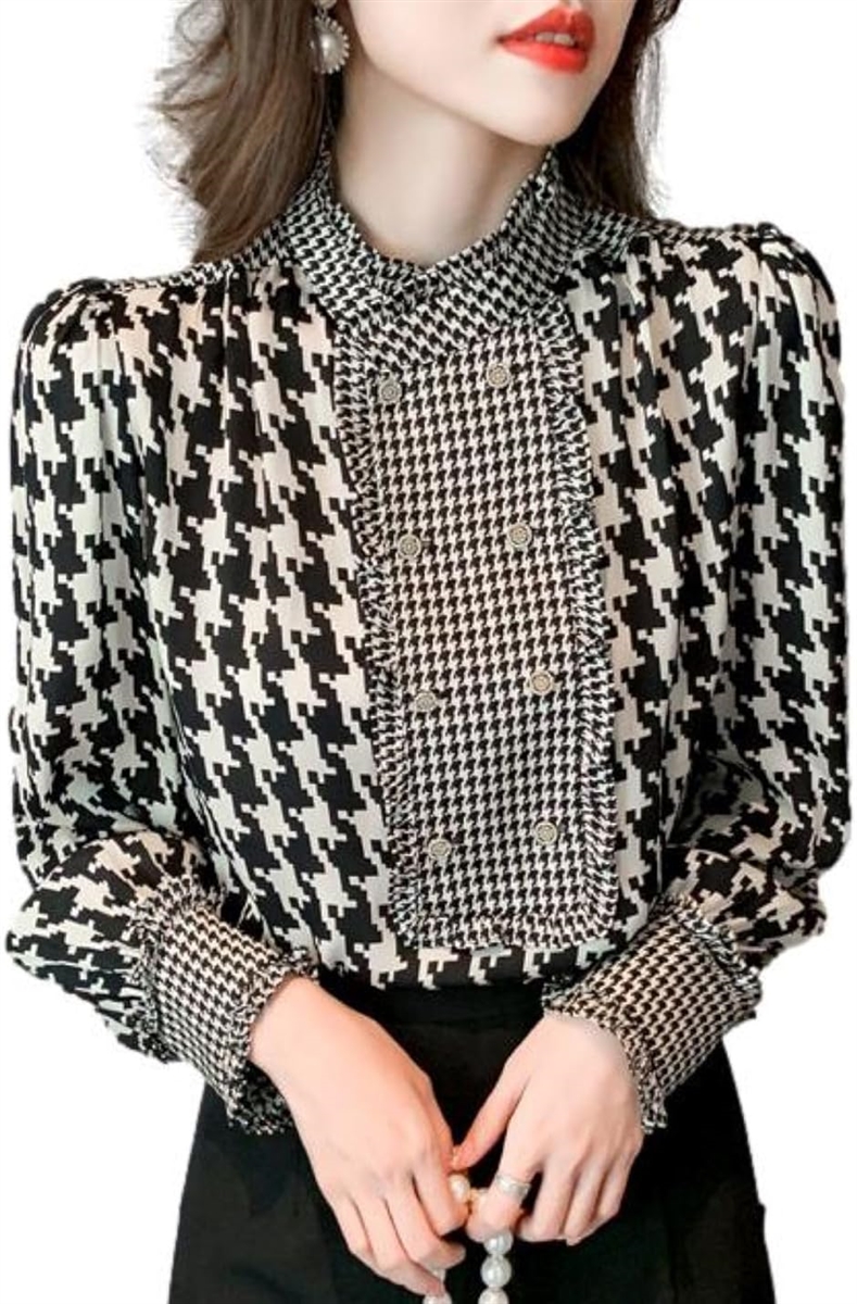 ブラウス レディース 千鳥格子柄 長袖 パフスリーブ 装飾ボタン モノトーン BB024-BK-XL(ブラック,  XL)