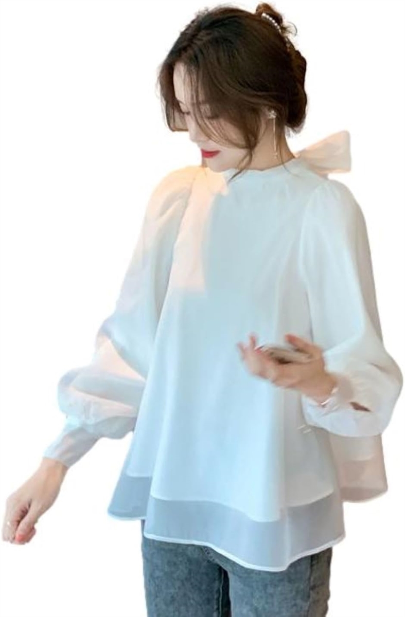 ブルーベリル ブラウス レディース バックリボン シフォン フレア パフスリーブ 長袖 立ち襟 くるみ釦 カフス(ホワイト,  S)