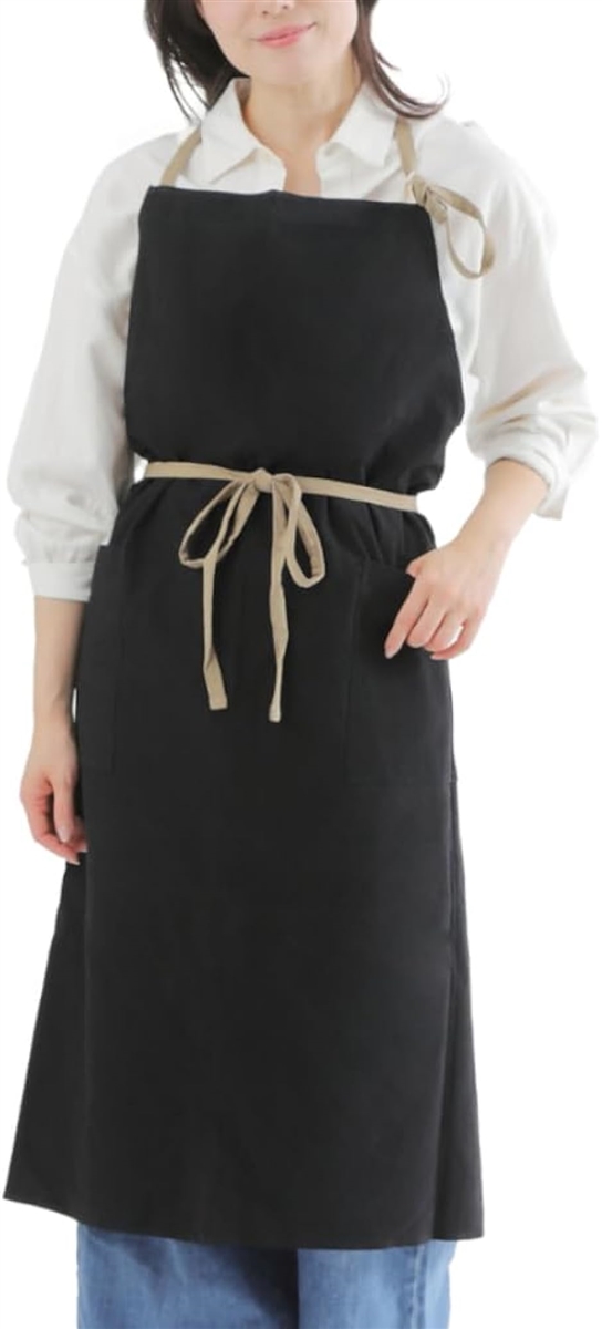 リネン エプロン ポケット2個付き フリーサイズ ロング丈 肩紐 腰紐 首