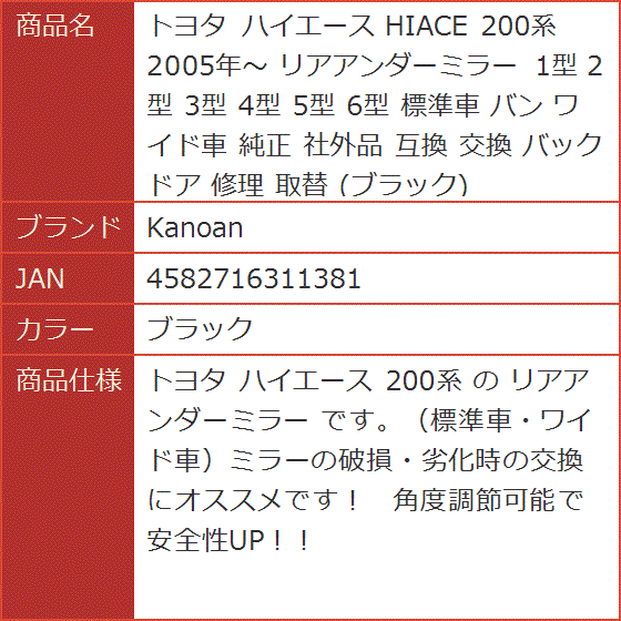 互換 トヨタ ハイエース HIACE 200系 2005年〜 リアアンダーミラー 1型 2型 3型 4型 5型 6型 バン( ブラック)｜horikku｜07