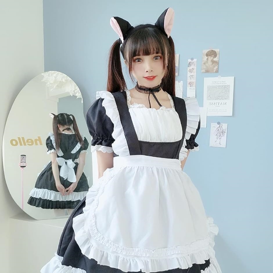 メイド服 コスプレ カチューシャ チョーカー ハロウィン 学園祭 クリスマス パーティ 猫耳( ブラック(猫耳), M)