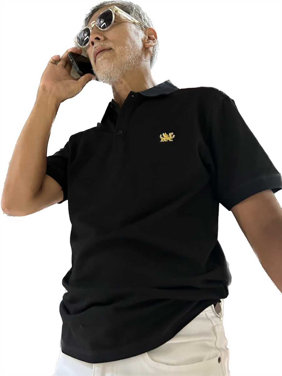 ポロシャツ メンズ プレミアム ドラゴン刺繍 半袖 ゴルフウェア ビジネスカジュアルにも コットン100% 黒( ブラック,  L)