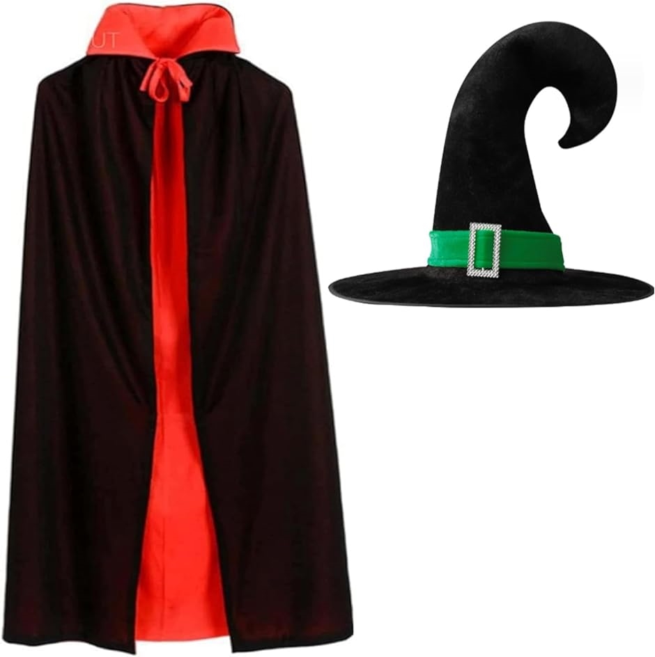 コスプレマント 黒 フードなし 魔女 ハット 帽子 仮装 パーティー 衣装 赤 ドラキュラ マント＋緑帽