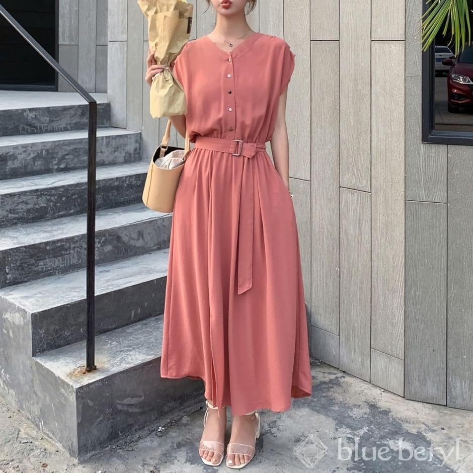 ワンピース レディース Aライン ミモレ丈 ウエストベルト シフォン