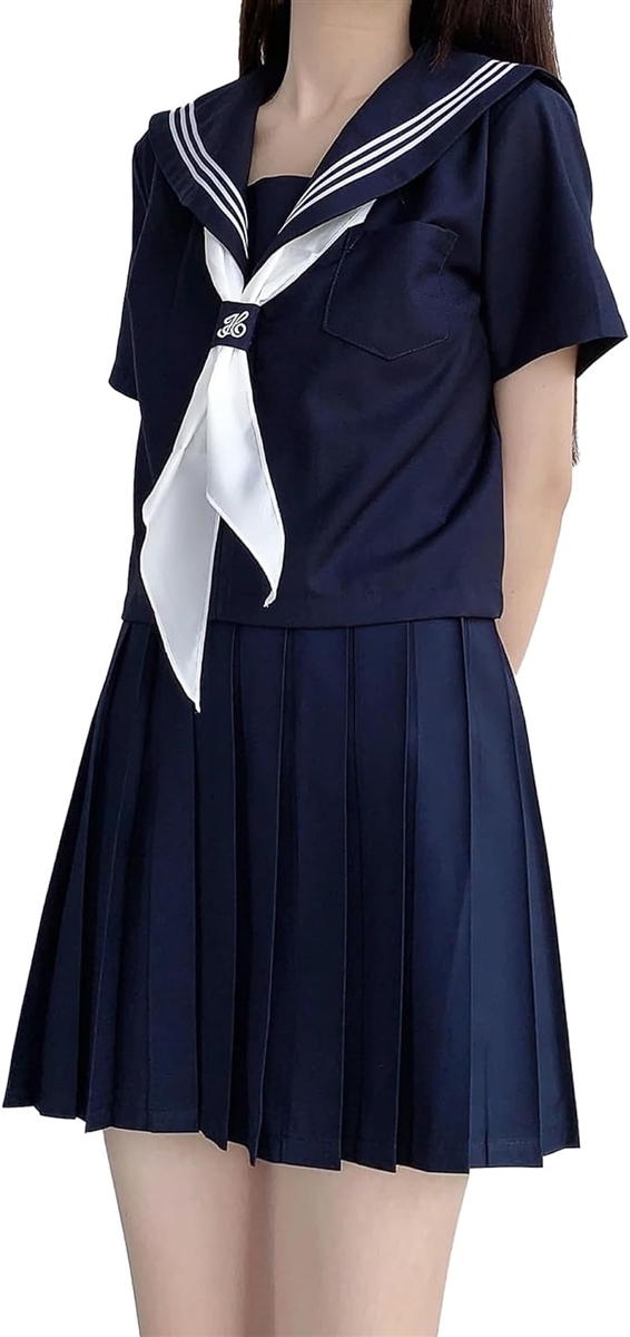 セーラー服 紺色 JK コスチューム 制服 女子高校生 コスプレ 3点セット 半袖、M( 半袖,  M)