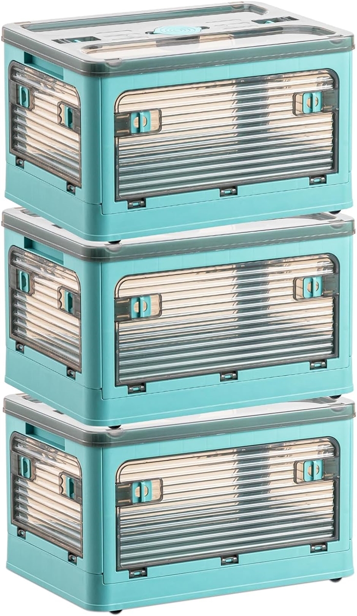 収納ボックス 折り畳み 蓋付き 積み重ね可能 全方向から取り出せる 防塵 防湿 MDM( 3個xブルー,  L（51.5x36.5x30cm）)