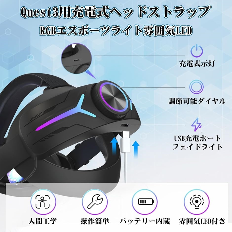 2点セット Meta Quest3用ヘッドストラップ 充電式 サイズ調整可能 + 
