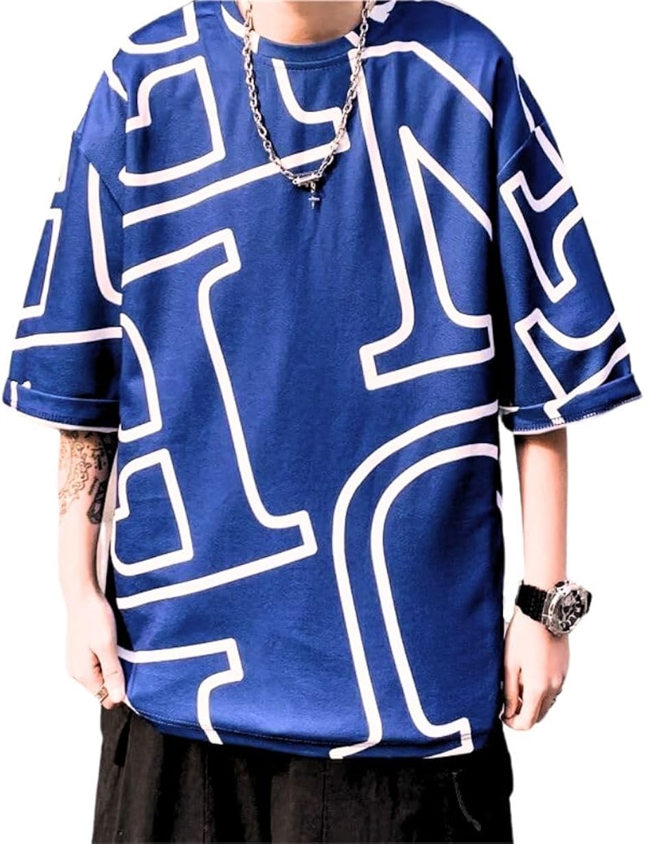 Tシャツ ロンT 英字ロゴ 総柄プリント メンズ ストリート 半袖 インパクト グラフィック スタイリッシュ( ブルー,  L)｜horikku