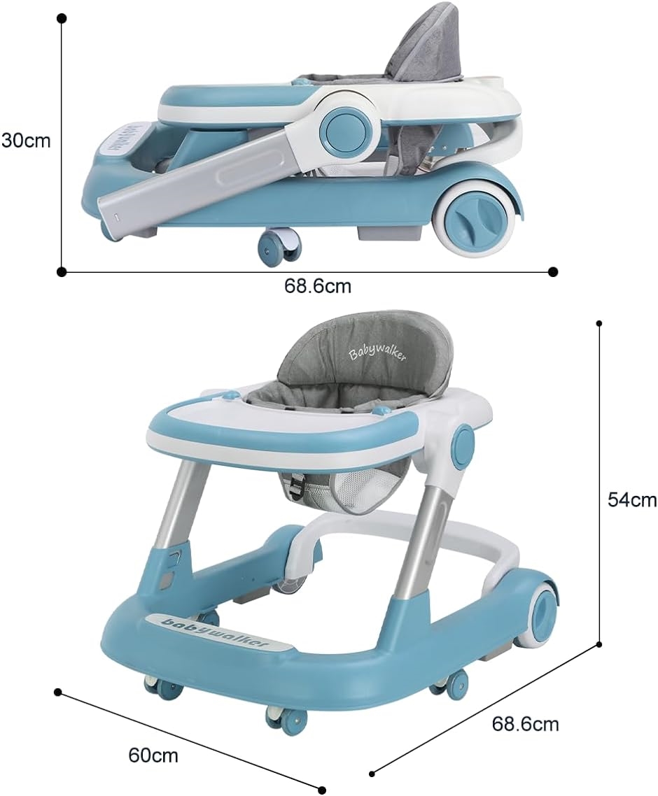 手押し車 歩行器 2in1 赤ちゃん 折りたたみ 高さ調整可能 食事用プレート付き 横転防止 6〜18か月( ブルー)
