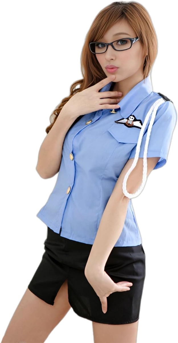 ポリス コスチューム レディース ブルー シャツ コスプレ ミニスカート 衣装 警官 フリーサイズ (ブルー,  Free Size)