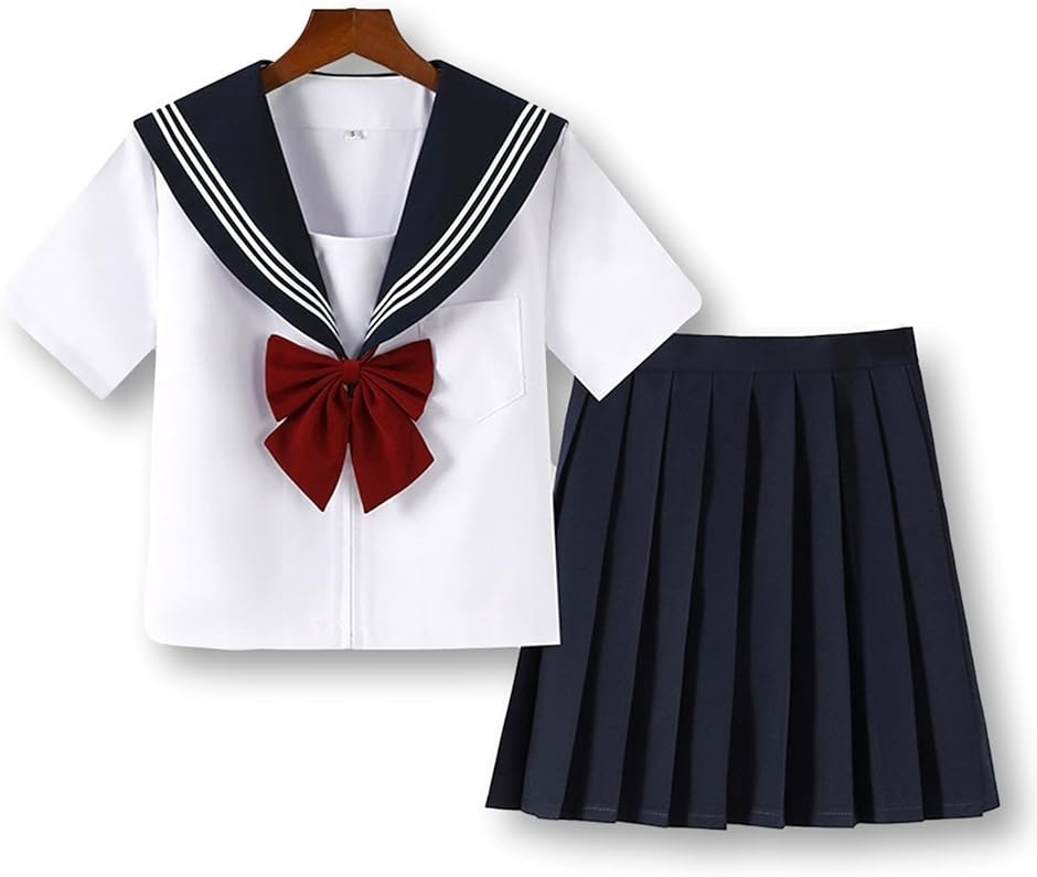 セーラー服 コスプレ 女子高生 制服 半袖 プリーツスカート 無地 リボン 3点セット( ホワイト,  2XL)