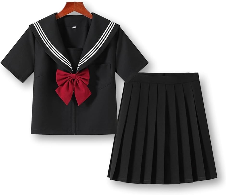 セーラー服 コスプレ 制服 半袖 プリーツスカート リボン 3点セット ブラック( XL)
