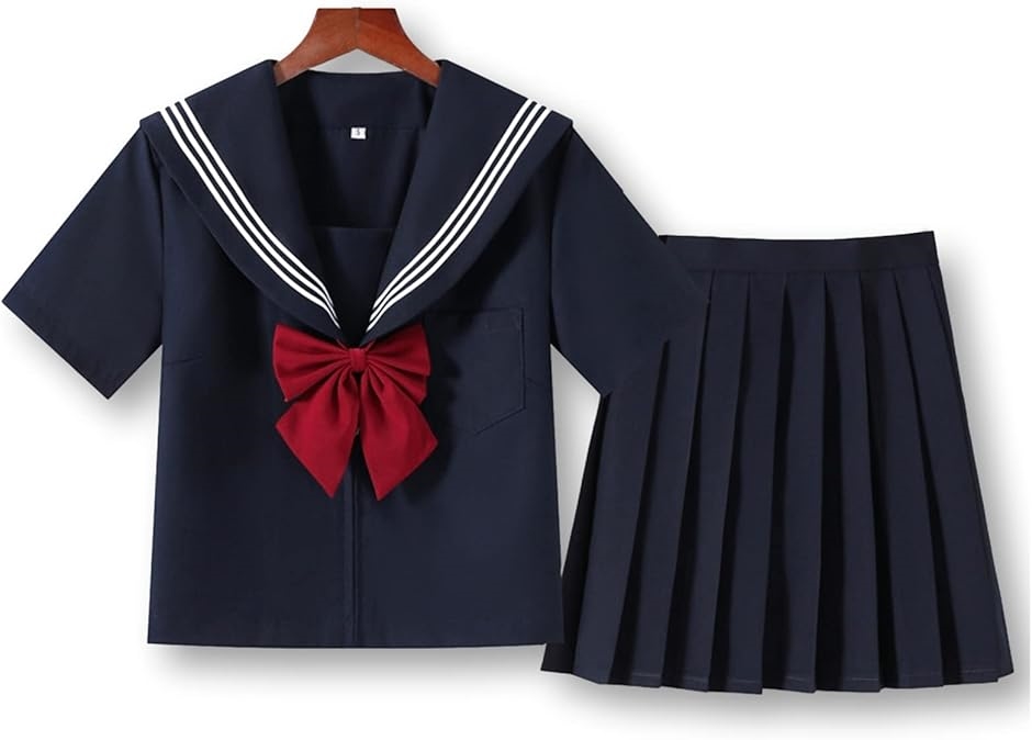 セーラー服 コスプレ 制服 半袖 プリーツスカート リボン 3点セット ネイビー( XL)｜horikku