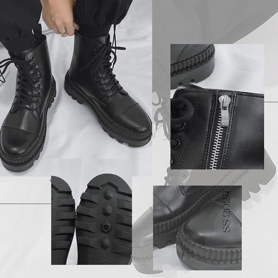 厚底ブーツ シークレットブーツ +24cm コスプレ （24.5~25cm） 22㎝】 シークレットブーツ レースアップショートブーツ ブラック 厚底