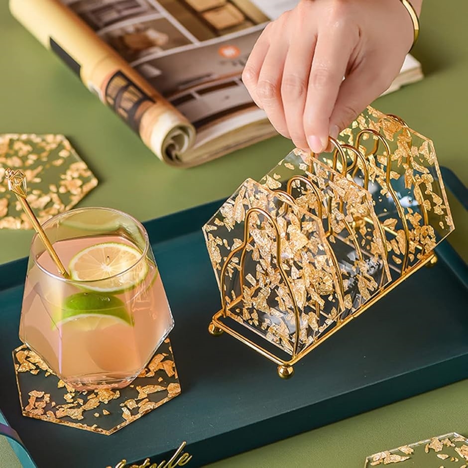 コースター 金箔 6枚セット スタンド付き おしゃれ 高級 コップ 敷き
