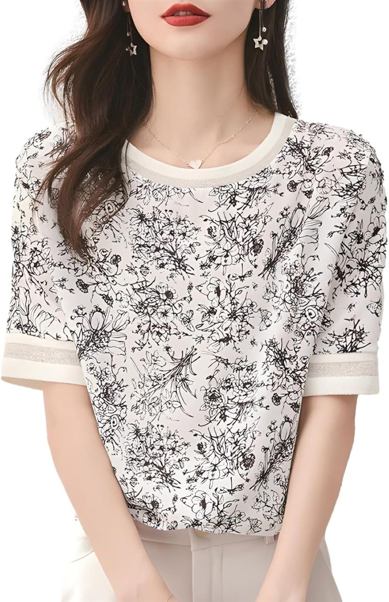 ボタニカル柄Tシャツ 五分袖 シフォンブラウス 花柄 リブ袖 モノトーン オフィスカジュアル レディース JS83(XL)