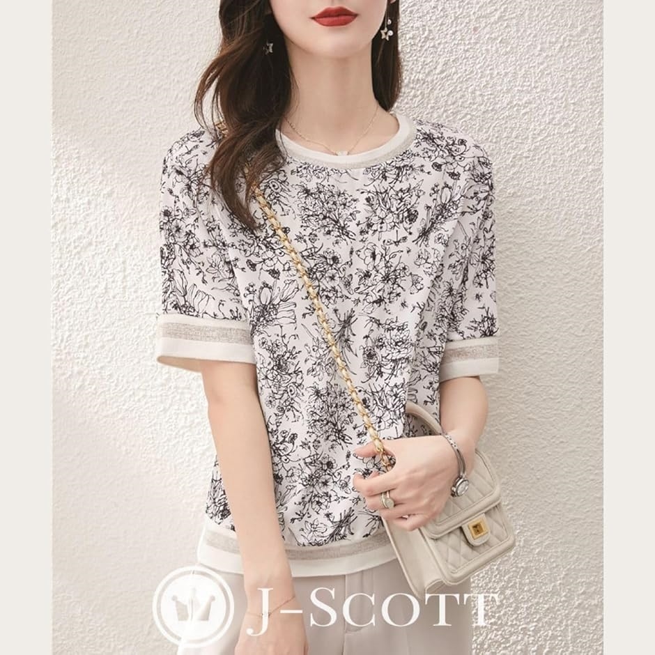 ボタニカル柄Tシャツ 五分袖 シフォンブラウス 花柄 リブ袖 モノトーン オフィスカジュアル レディース JS83(XL) ボタニカル柄Tシャツ 五分袖 シフォンブラウス 花柄 リブ袖