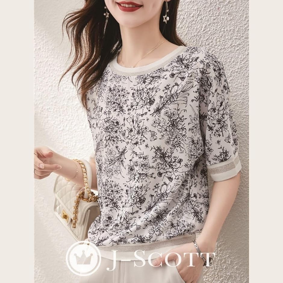ボタニカル柄Tシャツ 五分袖 シフォンブラウス 花柄 リブ袖 モノトーン オフィスカジュアル レディース JS83(3XL) Amazon | [J-Scott] ボタニカル柄Tシャツ 五分袖 シフォン