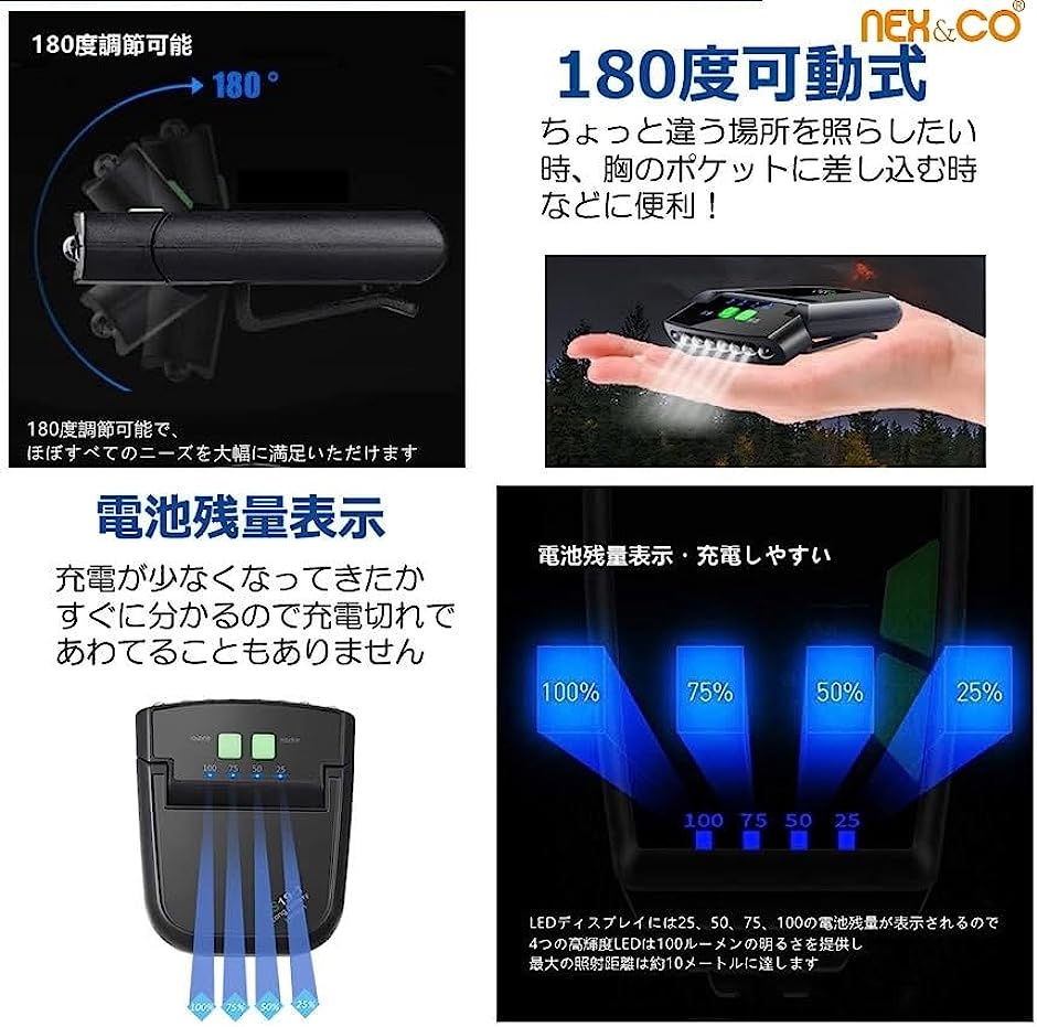 充電式 キャップライト 帽子ライト クリップ モーションセンサー LED 防水 軽量 明るい( Black,  Medium-1個入り)｜horikku｜03