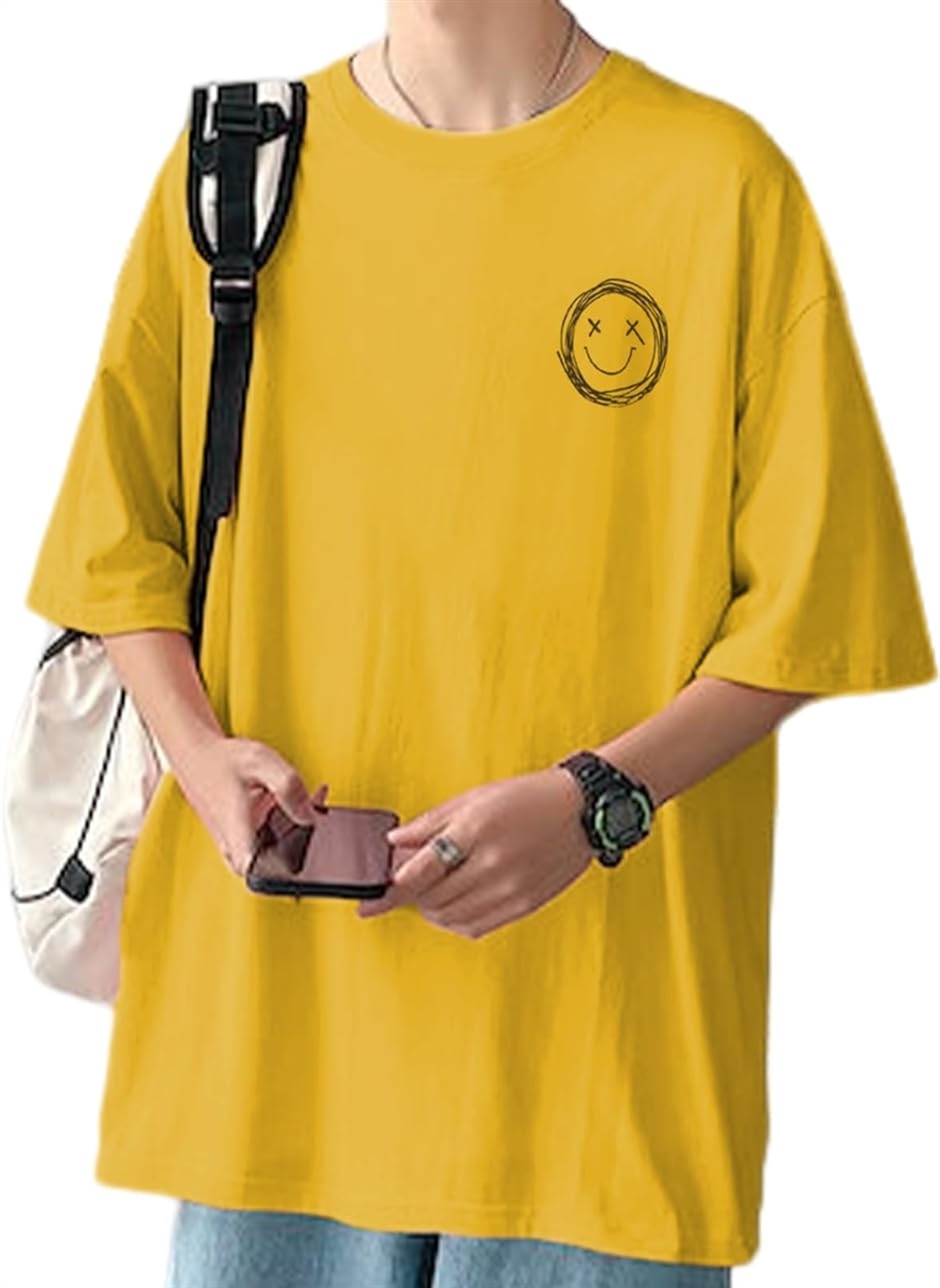 スマイル ロゴ プリント メンズ シンプル Tシャツ 半袖 薄手 インナー オーバーサイズ 大きめ カジュアル( イエロー,  2XL)｜horikku